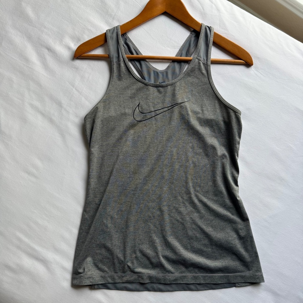 Nike Womens Dri-FIT Racerback Tank Top Gray Heather Swoosh Training Shirt Small